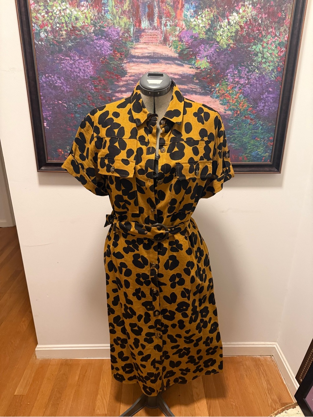 Who What Wear Mustard Yellow and Black Printed Midi Shirt Dress